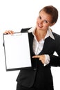 Modern business woman pointing on blank clipboard Royalty Free Stock Photo