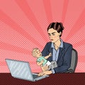 Modern Business Woman Working on Laptop and Holding Baby. Pop Art. Vector Royalty Free Stock Photo