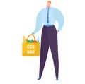 Modern businessman hold ecology friendly eco bag, concept food shopping package cartoon vector illustration, isolated on Royalty Free Stock Photo