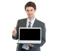 Modern businessman showing laptops blank screen