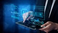 Modern Businessman Using Tablet to Interact with Artificial Intelligence Interface Displaying Data Analytics and Digital Royalty Free Stock Photo