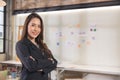 Modern businesswoman at the office, smiling female boss posing for a company photograph, self-assured successful woman at work