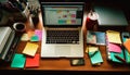 Modern businesswoman working at desk with laptop, phone, and coffee generated by AI