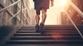 a modern businesswoman& x27;s legs as she confidently climbs a staircase in the heart of a bustling city. ample space Royalty Free Stock Photo