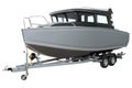 Modern cabin boat on the trailer for transportation. Royalty Free Stock Photo