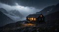 modern cabin glowing in rainstorm with dramatic mountains Royalty Free Stock Photo