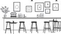 Minimalist Bar Interior with Stools, Coffee Machine, and Wall Art Royalty Free Stock Photo