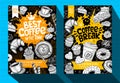 Modern cafe food poster menu template. Logo emblem sign lettering. Coffee break Coffee shop. Coffee cup mug beans spoon crown.