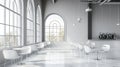 Modern Minimalist Coffee Shop Interior with Large Arched Windows and White Furniture Royalty Free Stock Photo