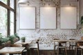 Modern Cafe Interior with Empty Frames on White Brick Wall Royalty Free Stock Photo