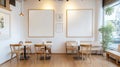 Modern Cafe Interior with Empty White Frames and Wooden Furniture, Natural Light Royalty Free Stock Photo