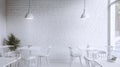 Minimalist cafe interior, white brick wall, modern furniture, neutral background, natural light Royalty Free Stock Photo