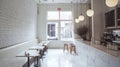 Modern Cafe Interior with White Brick Wall, Marble Countertop, and Minimalist Tables Royalty Free Stock Photo