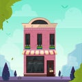 Modern cafe, restaurant, bar, coffee shop, bakery, pizzeria building. Vector illustration. Nature landscape background