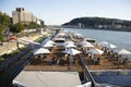 Modern cafe restaurant on cruise for Hungarian people and foreign traveler use service drink eat at riverside Danube river on