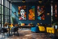 A modern cafe\'s interior with an eclectic mix of furniture and captivating artwork