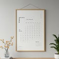 A modern calendar print is framed and displayed on a wall, featuring minimalist Royalty Free Stock Photo