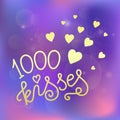 Modern calligraphy lettering of 1000 kisses in yellow on pink purple background