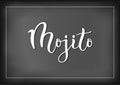 Modern calligraphy lettering of Mojito in white on chalkboard background with white frame