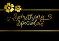 Modern calligraphy lettering of Something special in golden on black background with frame and flowers