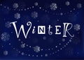 Modern calligraphy lettering of Winter in white on dark blue background decorated with silver snowflakes and pearls Royalty Free Stock Photo