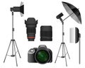 Modern camera with lenses and lighting equipment set
