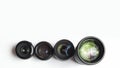 Modern camera lenses with reflections, white background. copy space