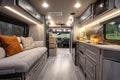 Modern camper van interior with cozy seating, compact kitchen, and warm lighting, designed for comfortable travel Royalty Free Stock Photo
