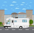 Modern camper van in urban landscape