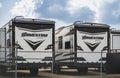 Recreational vehicles back view. Travel camping trailer on a rental parking lot in Vancouver Canada