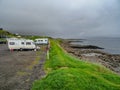 Modern camping site at the seashore of Torshavn in Faroe islands, summer time, Atlantic ocean