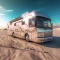 Modern camping trailer on sea beach. Campervan, motorhome. Auto Tourism concept. Campervan on the sand ocean beach . Summer Royalty Free Stock Photo