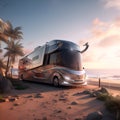 Modern camping trailer on sea beach. Campervan, motorhome. Auto Tourism concept. Campervan on the sand beach with palm trees. Royalty Free Stock Photo