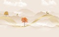 modern canvas art mural wallpaper landscape background. golden curvy lines, with clouds, deer, and trees. 3d frame wall art. Royalty Free Stock Photo