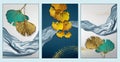 Modern canvas wall frame. Golden tree leaves and dots in blue and silver painting background. 3d illustration of Ginko and wave sh