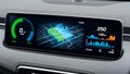 Modern car dashboard screen with advanced navigation, 3D city map, and data analytics display. Royalty Free Stock Photo