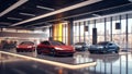 A modern car dealership mockup red and blue cars car showroom wall mockup HD 1920*1080