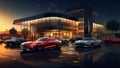 A modern car dealership presentation red and grey cars on sunset car showroom wall mockup HD 1920*1080