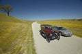 A modern car driving by a maroon Model T on a scenic road surrounded by spring flowers off of Route 58, Shell Road, CA