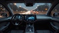 Futuristic car interior with digital dashboard and night road view Royalty Free Stock Photo