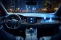 Modern car interior with control panel, steering wheel and dashboard - Ai Generated Royalty Free Stock Photo