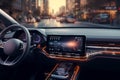 Modern car interior with control panel, steering wheel and dashboard - Ai Generated Royalty Free Stock Photo