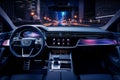 Modern car interior with control panel, steering wheel and dashboard - Ai Generated Royalty Free Stock Photo
