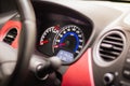Modern car interior. Car dashboard. Engine system. Automobile speedometer. Modern transportation. Auto panel and steering wheel.