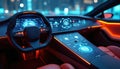 Modern car interior with digital dashboard interface. Futuristic vehicle cockpit with navigation panels, control. Auto tech Royalty Free Stock Photo