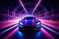 Modern car on the road with motion blur background. 3d rendering, Car in a tunnel with neon lighting, front view, AI Generated Royalty Free Stock Photo