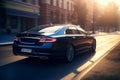 Modern car on the road in the rays of the setting sun. generative ai Royalty Free Stock Photo