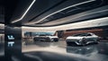 A modern car showroom with a pristine white wall grey and black color car showroom wall mockup HD 1920*1080 Royalty Free Stock Photo