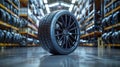 Modern car tire in warehouse - generative ai Royalty Free Stock Photo