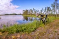 Modern carbon road racing bike stands close to forest lake in front of rare pine trees. Summer Sunny day. Standalone black bike,